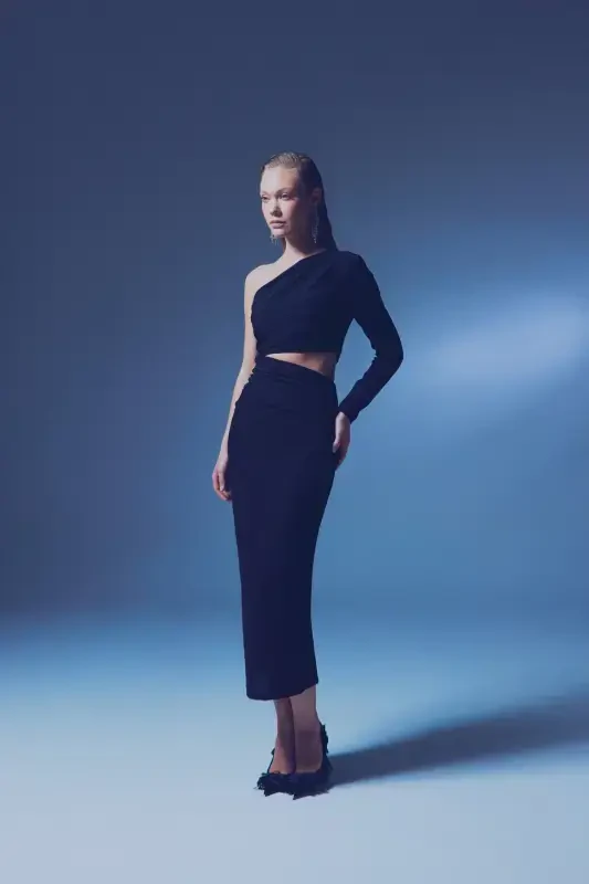 Shiny Long Dress - BLACK - SATEEN