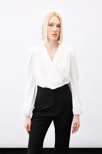 Shiny Striped Bodysuit Blouse - ECRU - 4