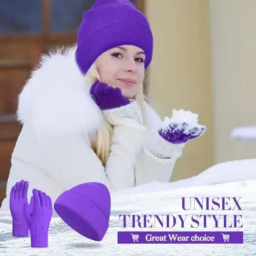 ShinyMatch Winter Beanie Hat Gloves Set, Soft Knitted Hat Stretchy Gloves Warm Skull Cap Set for Women Men Gifts - 3