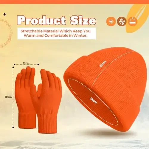 ShinyMatch Winter Beanie Hat Gloves Set, Soft Knitted Hat Stretchy Gloves Warm Skull Cap Set for Women Men Gifts - 5
