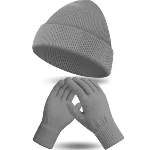 ShinyMatch Winter Beanie Hat Gloves Set, Soft Knitted Hat Stretchy Gloves Warm Skull Cap Set for Women Men Gifts - 1