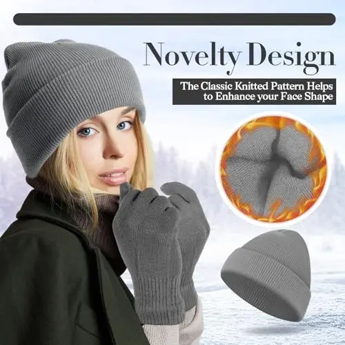 ShinyMatch Winter Beanie Hat Gloves Set, Soft Knitted Hat Stretchy Gloves Warm Skull Cap Set for Women Men Gifts - 2
