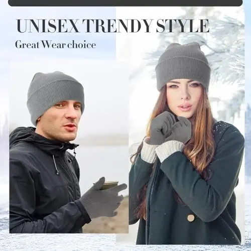 ShinyMatch Winter Beanie Hat Gloves Set, Soft Knitted Hat Stretchy Gloves Warm Skull Cap Set for Women Men Gifts - 3