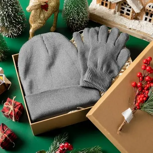 ShinyMatch Winter Beanie Hat Gloves Set, Soft Knitted Hat Stretchy Gloves Warm Skull Cap Set for Women Men Gifts - 5