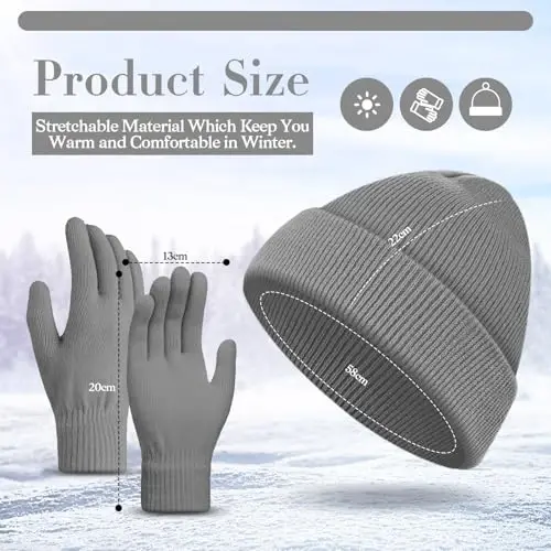 ShinyMatch Winter Beanie Hat Gloves Set, Soft Knitted Hat Stretchy Gloves Warm Skull Cap Set for Women Men Gifts - 6