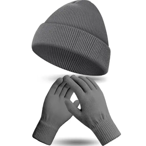 ShinyMatch Winter Beanie Hat Gloves Set, Soft Knitted Hat Stretchy Gloves Warm Skull Cap Set for Women Men Gifts - 1