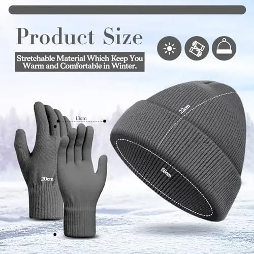 ShinyMatch Winter Beanie Hat Gloves Set, Soft Knitted Hat Stretchy Gloves Warm Skull Cap Set for Women Men Gifts - SHINYMATCH (1)