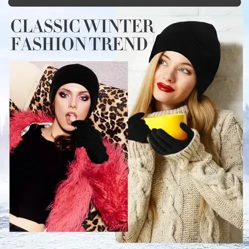 ShinyMatch Qishki shapka qo'lqoplar to'plami, Yumshoq trikotaj shapka, Elastik qo'lqoplar, Ayollar va erkaklar uchun iliq bosh suyagi qopqog'i to'plami - 4