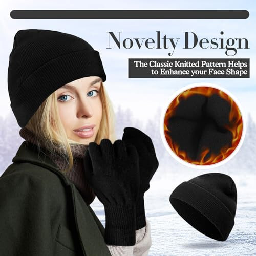 ShinyMatch Winter Beanie Hat Gloves Set, Soft Knitted Hat Stretchy Gloves Warm Skull Cap Set for Women Men Gifts - 3