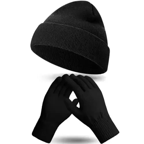 ShinyMatch Winter Beanie Hat Gloves Set, Soft Knitted Hat Stretchy Gloves Warm Skull Cap Set for Women Men Gifts 