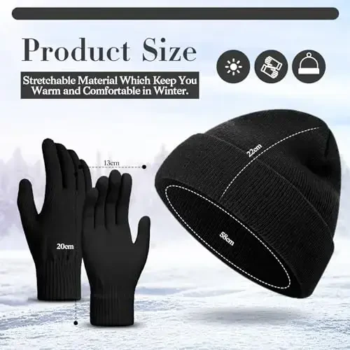 ShinyMatch Winter Beanie Hat Gloves Set, Soft Knitted Hat Stretchy Gloves Warm Skull Cap Set for Women Men Gifts - SHINYMATCH (1)