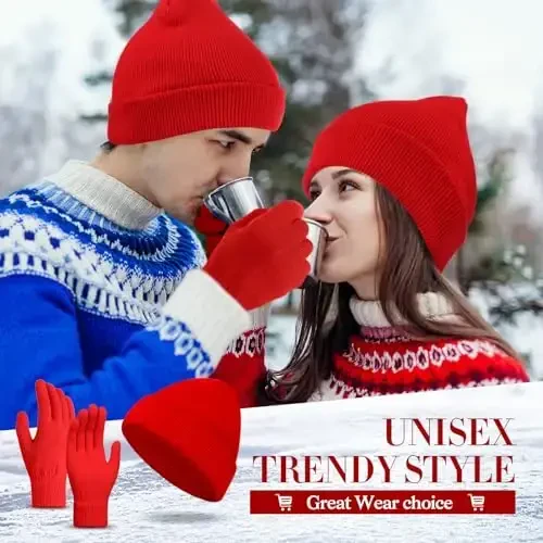 ShinyMatch Winter Beanie Hat Gloves Set, Soft Knitted Hat Stretchy Gloves Warm Skull Cap Set for Women Men Gifts - 6