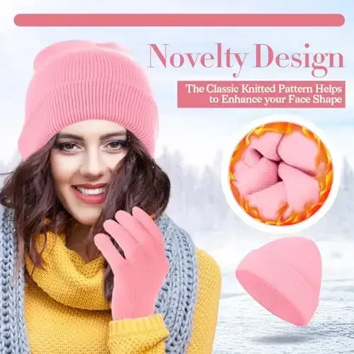 ShinyMatch Winter Beanie Hat Gloves Set, Soft Knitted Hat Stretchy Gloves Warm Skull Cap Set for Women Men Gifts - 3