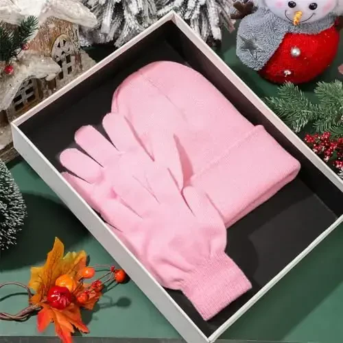 ShinyMatch Winter Beanie Hat Gloves Set, Soft Knitted Hat Stretchy Gloves Warm Skull Cap Set for Women Men Gifts - 4