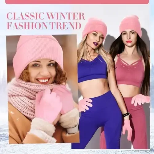 ShinyMatch Winter Beanie Hat Gloves Set, Soft Knitted Hat Stretchy Gloves Warm Skull Cap Set for Women Men Gifts - 5