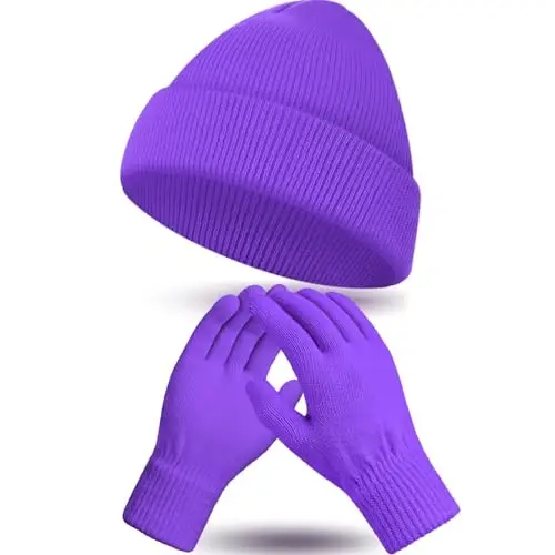ShinyMatch Winter Beanie Hat Gloves Set, Soft Knitted Hat Stretchy Gloves Warm Skull Cap Set for Women Men Gifts - 1