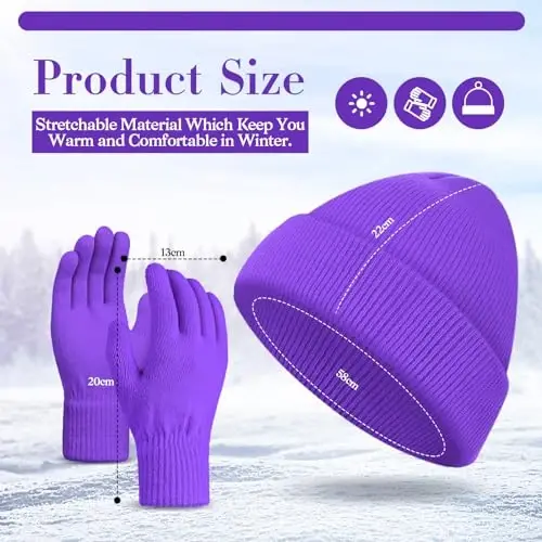 ShinyMatch Winter Beanie Hat Gloves Set, Soft Knitted Hat Stretchy Gloves Warm Skull Cap Set for Women Men Gifts - 2