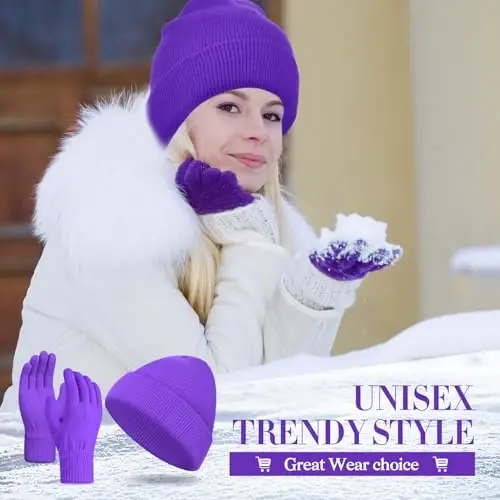 ShinyMatch Winter Beanie Hat Gloves Set, Soft Knitted Hat Stretchy Gloves Warm Skull Cap Set for Women Men Gifts - 3