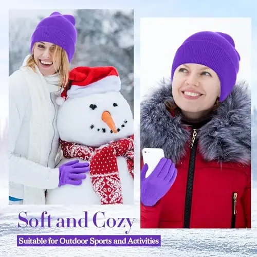 ShinyMatch Winter Beanie Hat Gloves Set, Soft Knitted Hat Stretchy Gloves Warm Skull Cap Set for Women Men Gifts - 4