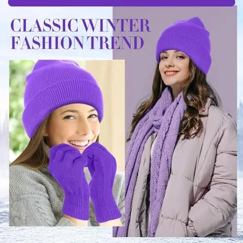ShinyMatch Winter Beanie Hat Gloves Set, Soft Knitted Hat Stretchy Gloves Warm Skull Cap Set for Women Men Gifts - 5