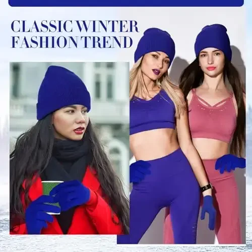 ShinyMatch Winter Beanie Hat Gloves Set, Soft Knitted Hat Stretchy Gloves Warm Skull Cap Set for Women Men Gifts - 5