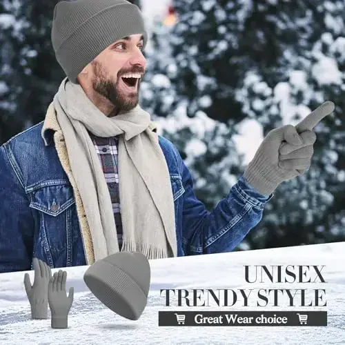 ShinyMatch Winter Beanie Hat Gloves Set, Soft Knitted Hat Stretchy Gloves Warm Skull Cap Set for Women Men Gifts - 4