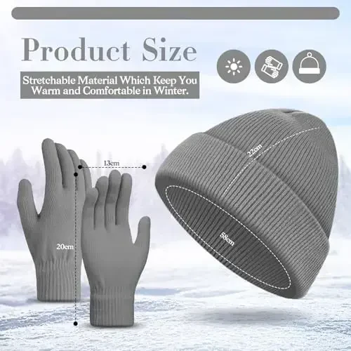 ShinyMatch Winter Beanie Hat Gloves Set, Soft Knitted Hat Stretchy Gloves Warm Skull Cap Set for Women Men Gifts - 6