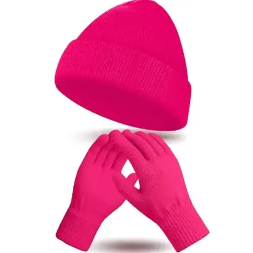 ShinyMatch Winter Beanie Hat Gloves Set, Soft Knitted Hat Stretchy Gloves Warm Skull Cap Set for Women Men Gifts - 1
