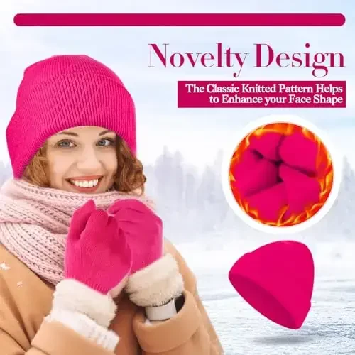 ShinyMatch Winter Beanie Hat Gloves Set, Soft Knitted Hat Stretchy Gloves Warm Skull Cap Set for Women Men Gifts - SHINYMATCH (1)