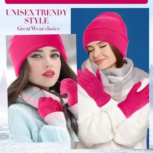 ShinyMatch Winter Beanie Hat Gloves Set, Soft Knitted Hat Stretchy Gloves Warm Skull Cap Set for Women Men Gifts - 6