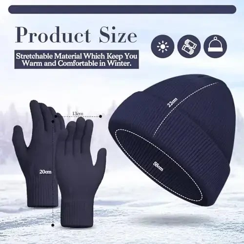 ShinyMatch Winter Beanie Hat Gloves Set, Soft Knitted Hat Stretchy Gloves Warm Skull Cap Set for Women Men Gifts - SHINYMATCH (1)