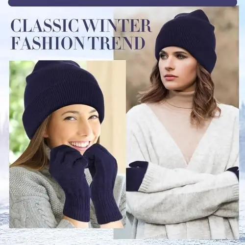 ShinyMatch Winter Beanie Hat Gloves Set, Soft Knitted Hat Stretchy Gloves Warm Skull Cap Set for Women Men Gifts - 5
