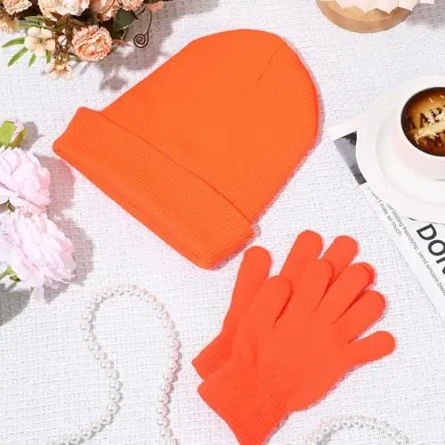 ShinyMatch Winter Beanie Hat Gloves Set, Soft Knitted Hat Stretchy Gloves Warm Skull Cap Set for Women Men Gifts - 6