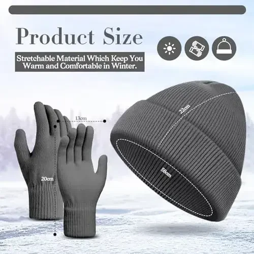 ShinyMatch Winter Beanie Hat Gloves Set, Soft Knitted Hat Stretchy Gloves Warm Skull Cap Set for Women Men Gifts - 2