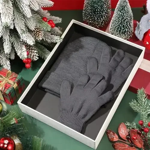 ShinyMatch Winter Beanie Hat Gloves Set, Soft Knitted Hat Stretchy Gloves Warm Skull Cap Set for Women Men Gifts - 4