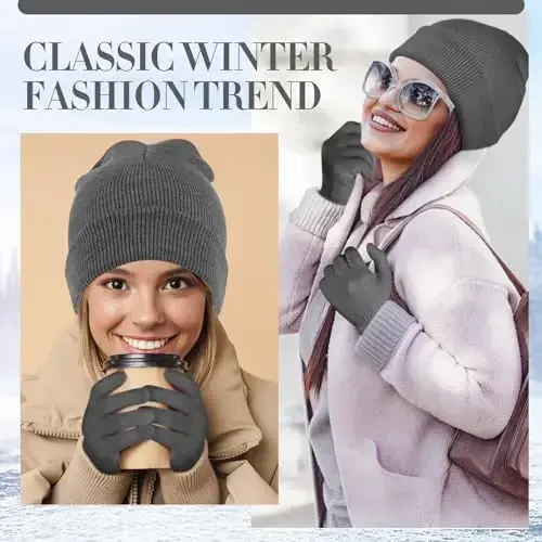 ShinyMatch Winter Beanie Hat Gloves Set, Soft Knitted Hat Stretchy Gloves Warm Skull Cap Set for Women Men Gifts - 6