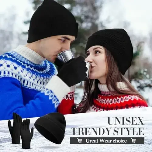 ShinyMatch Зимняя Шапка-Бини, Перчатки, Комплект, Мягкая Вязаная Шапка, Эластичные Перчатки, Теплая Шапка-Череп, Комплект для Женщин и Мужчин, Подарки - 6