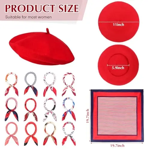 Shinymoon 24 Pcs Wool Beret Hat Bulk Artist Beanie Beret Warm French Hat with Silky Neck Scarf for Women Girl Lady - 4