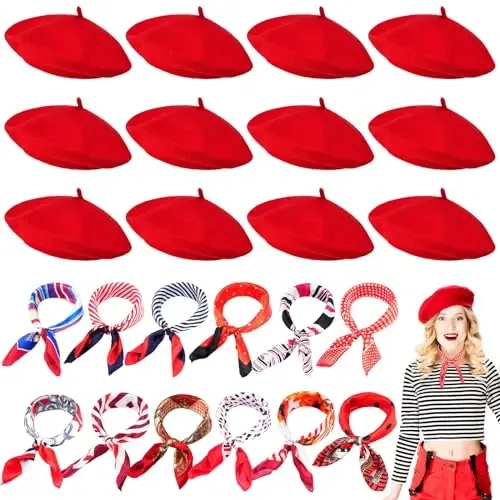 Shinymoon 24 Pcs Wool Beret Hat Bulk Artist Beanie Beret Warm French Hat with Silky Neck Scarf for Women Girl Lady 