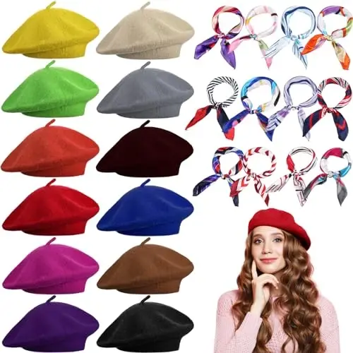 Shinymoon 24 Pcs Wool Beret Hat Bulk Artist Beanie Beret Warm French Hat with Silky Neck Scarf for Women Girl Lady 