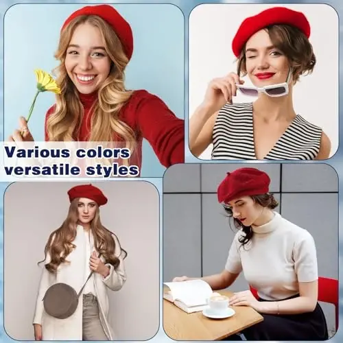 Shinymoon 24 Pcs Wool Beret Hat Bulk Artist Beanie Beret Warm French Hat with Silky Neck Scarf for Women Girl Lady - 2