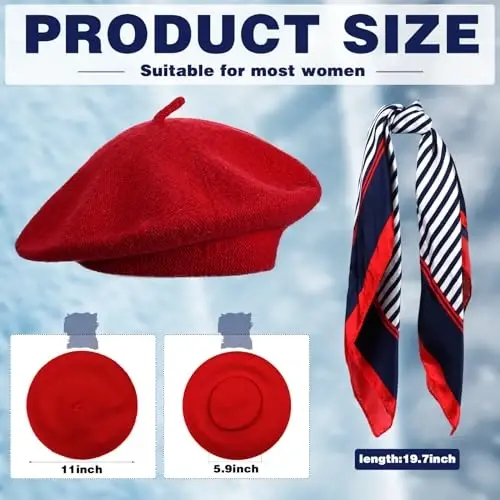 Shinymoon 24 Pcs Wool Beret Hat Bulk Artist Beanie Beret Warm French Hat with Silky Neck Scarf for Women Girl Lady - 3