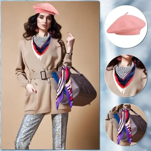 Shinymoon 24 Pcs Wool Beret Hat Bulk Artist Beanie Beret Warm French Hat with Silky Neck Scarf for Women Girl Lady - 6