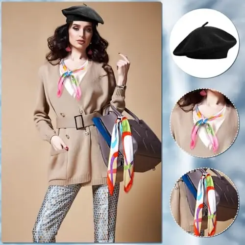 Shinymoon 24 dona junli beret shapka Bulk Artist Beanie Beret Ayollar qizlar xonim uchun ipak bo'yin sharfli iliq fransuz shapka - 5