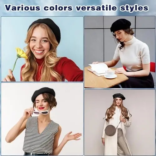 Shinymoon 24 Pcs Wool Beret Hat Bulk Artist Beanie Beret Warm French Hat with Silky Neck Scarf for Women Girl Lady - 2