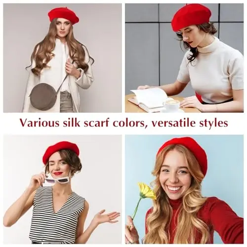 Shinymoon 24 Pcs Wool Beret Hat Bulk Artist Beanie Beret Warm French Hat with Silky Neck Scarf for Women Girl Lady - 3