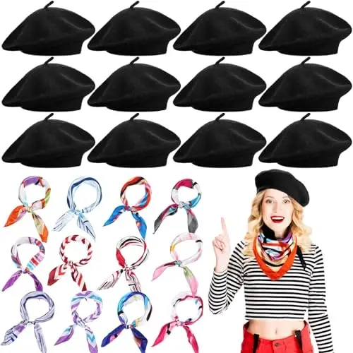 Shinymoon 24 шт. Шерстяной берет оптом Художник Beanie Beret Теплая французская шляпа с шелковым шейным платком для женщин, девочек и дам - 1