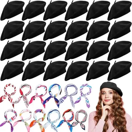 Shinymoon 48 Pcs Women Wool Beret Hat with Silky Scarf French Beret Bulk for Women Girls Winter 