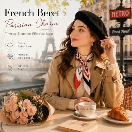 Shinymoon 48 Pcs Women Wool Beret Hat with Silky Scarf French Beret Bulk for Women Girls Winter - SHINYMOON (1)