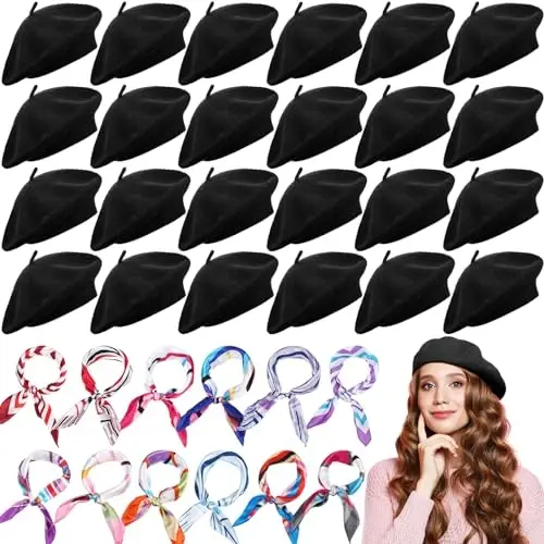 Shinymoon 48 Pcs Women Wool Beret Hat with Silky Scarf French Beret Bulk for Women Girls Winter 